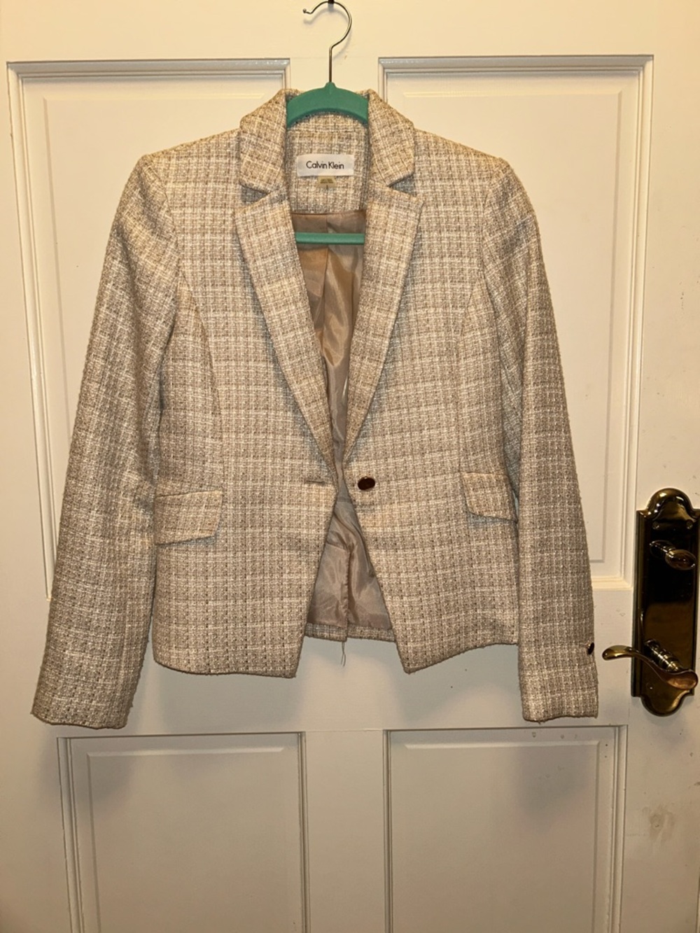 Calvin Klein Beige Tweed Single-Button Blazer 2